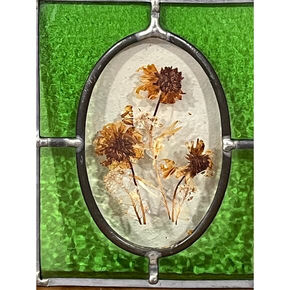 Artist Signed Pressed Flower Stained Glass Panel Oval Cottagecore Decor - Picture 2 of 8